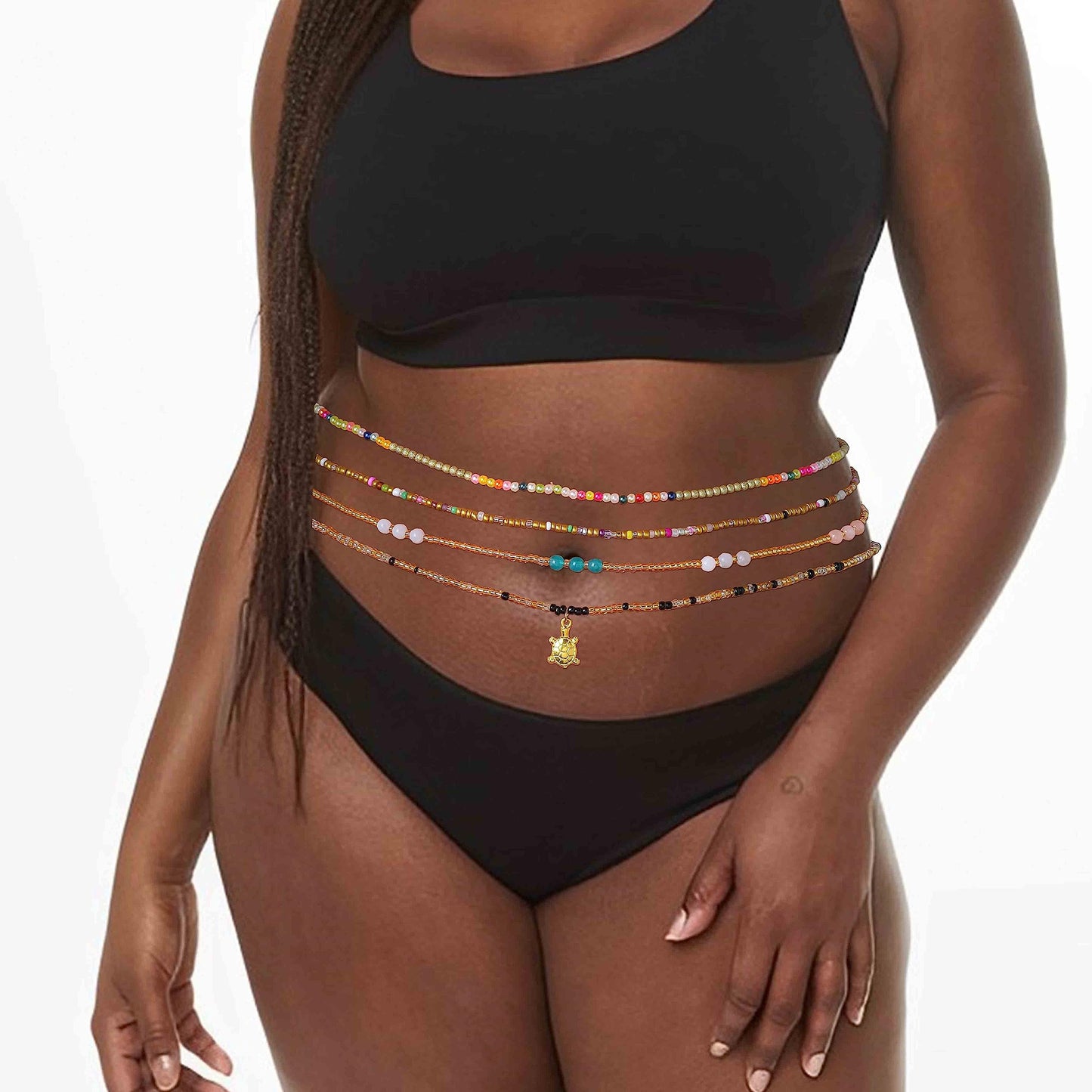 ELABEST 24-39inch African Waist Beads for Women 8Pcs Elastic Belly Beads Colorful Beaded Waist Jewelry Accessories Body Chain (Gold, 23.6inch/60cm)