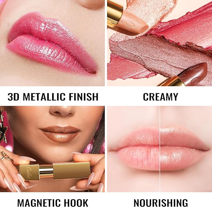 Oulac Metallic Pink Lipstick Set 3PCS, Comfortable Creamy Texture, Smooth No Grainy Feeling, Vegan & Gluten Free, Full-Coverage Lip Makeup, 3 X 4.3 g, 602+01+17