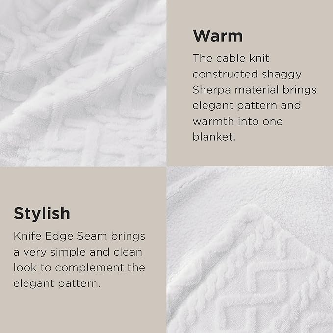Bedsure Sherpa King Size Blanket for Bed- GentleSoft Fleece Fluffy & Cozy Cable Jacquard Tufted for Women Gift, Thick and Warm Blankets for Winter, White, 108x90 Inches