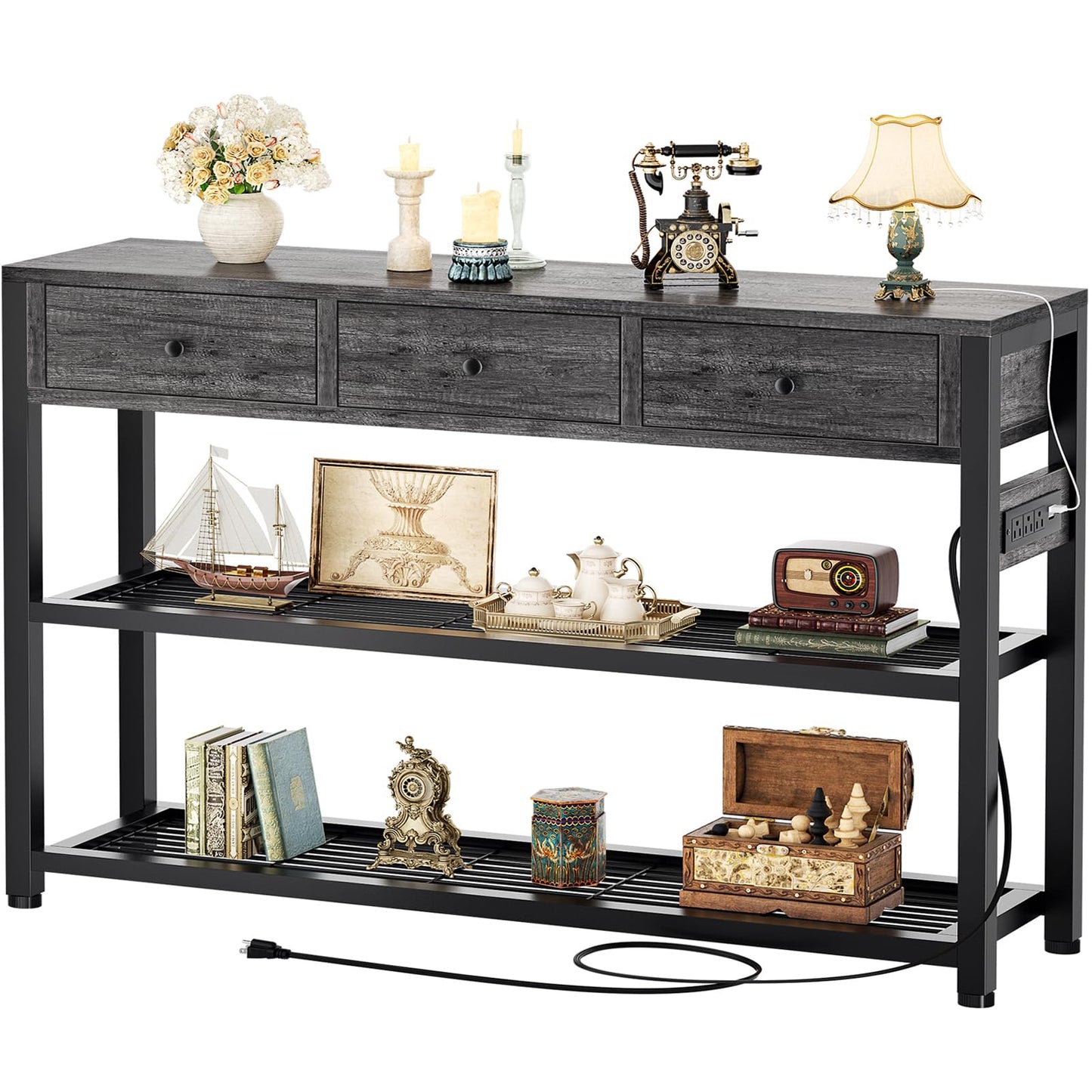 Ecoprsio 47'' Entryway Table with Outlets and USB Ports, Console Table with 3 Drawers, Sofa Table Narrow Long with Storage Shelves for Living Room, Couch, Hallway, Foyer, Kitchen Counter, Grey