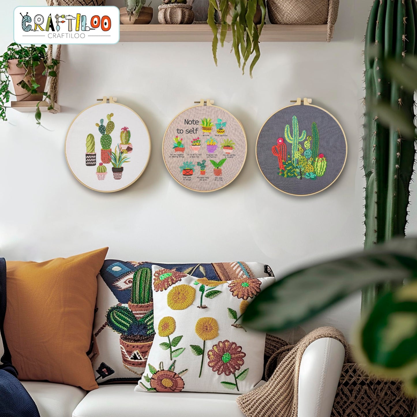 CRAFTILOO Embroidery Kits for Adults Hand Embroidery kit for Beginners with Stamped Embroidery Patterns Starter Embroidery Kit. Needlepoint kit Cross Stitch kit for Teens& Adults Cactus