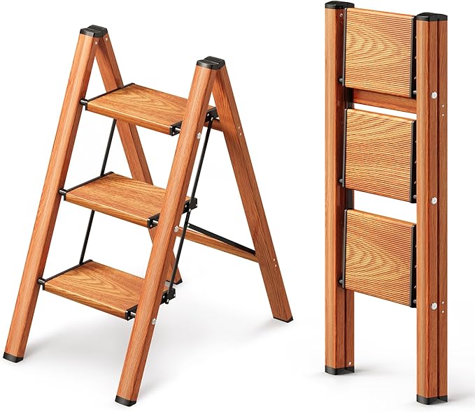 GameGem 3 Step Ladder, Folding Step Stool with Anti-Slip Wide Pedal, Aluminum Material Lightweight Yet Sturdy, 300 Lbs Load, Cute Modern Apperance for Indoor Household Spaces