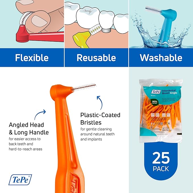 TePe Interdental Brush Angle, Angled Dental Brush for Teeth Cleaning, Pack of 25, 0.45 mm, Extra-Small/Small Gaps, Orange, Size 1