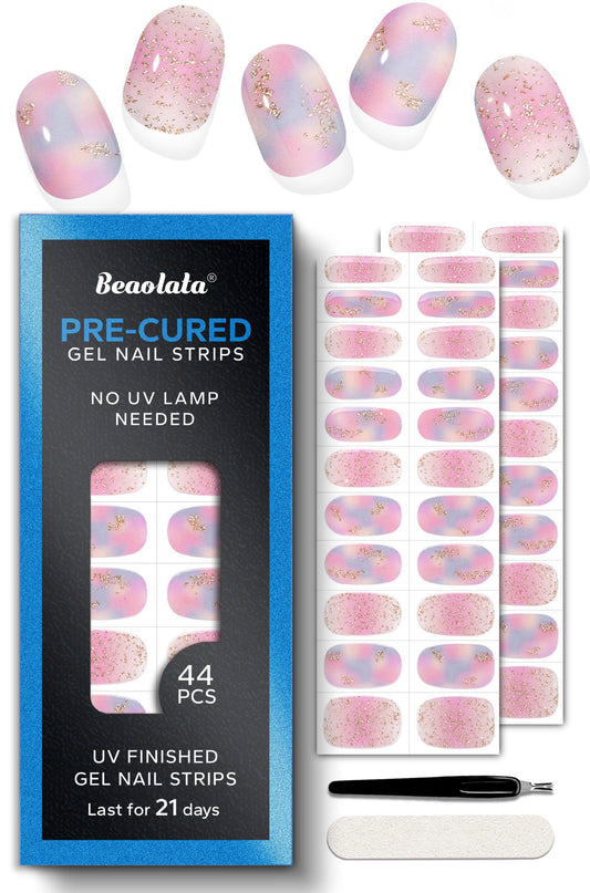 Beaolata Real Gel Nail Strips (No UV Light Needed) - 44Pcs Salon Quality Nail Stickers - Long Lasting Polish Wraps for Women, Easy Apply & Remove (Dusk Pink