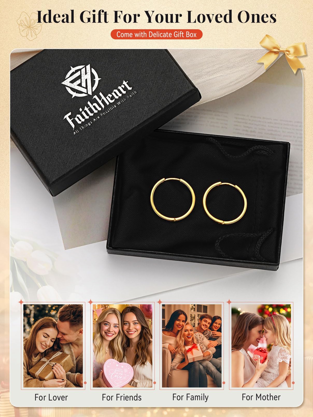 FaithHeart Hoop Earrings for Women, Rose Gold Hypoallergenic Huggie Hoop Earrings, Small Cartilage Earrings for Women 16mm, Send Gift Box