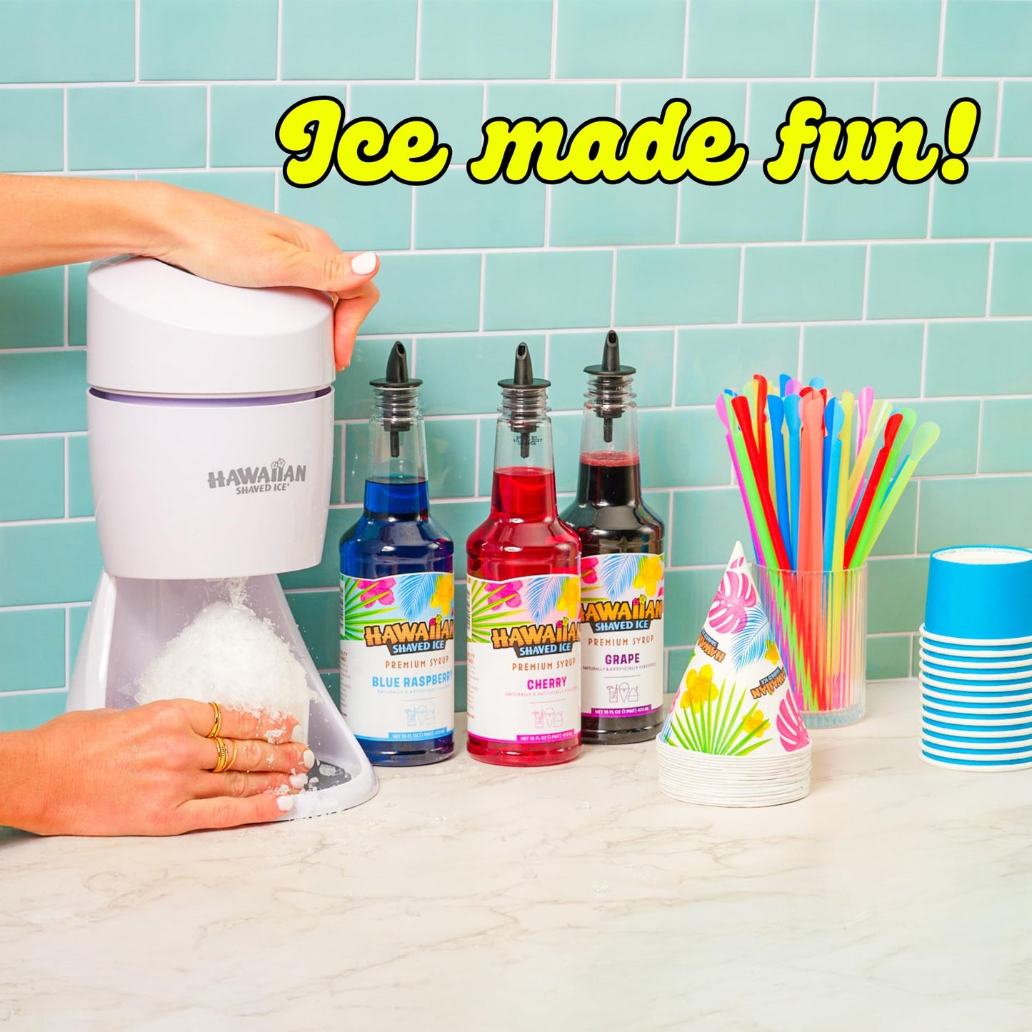Hawaiian Shaved Ice Machine Kit - 3 Flavors, 25 Cups, Straws, Pourers, Ice Molds