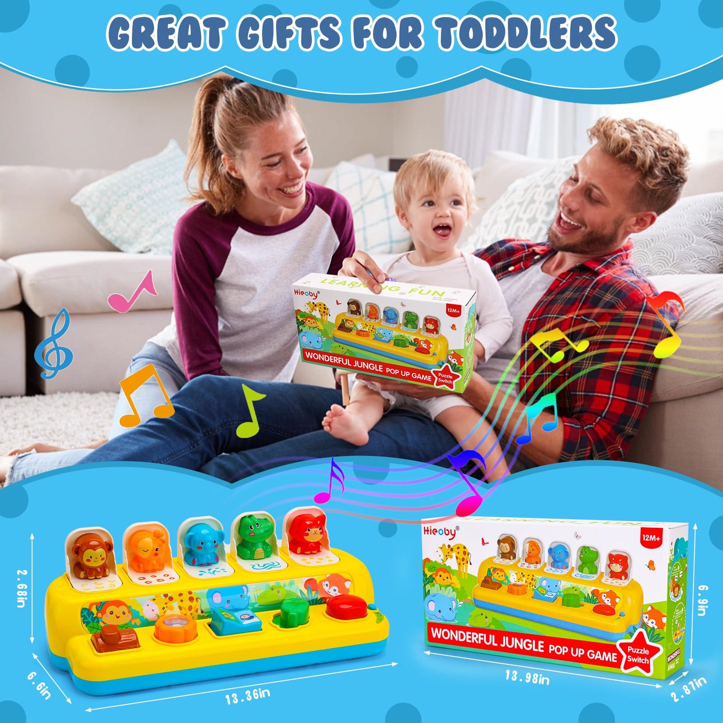 Interactive Pop up Animal Toys with Music & Light, Montessori Cause and Effect Toys for 1 Year Old Boy Girl Early Learning Musical Baby Toy 9-12-18 Months STEM Toddler Toy Age 1-2 Gift for Infant