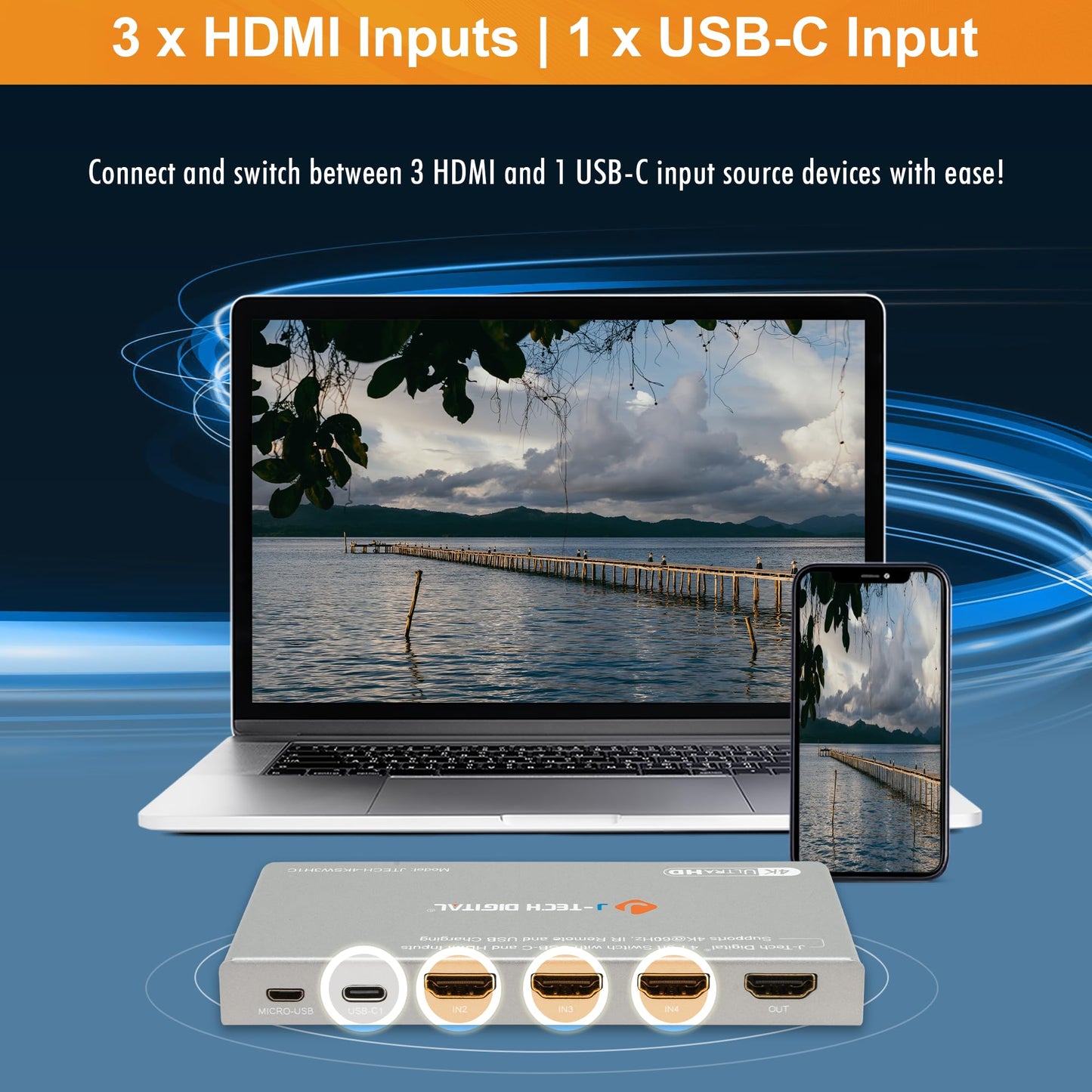 J-Tech Digital 4K 60Hz 4x1 HDMI & USB-C Switch | 3 HDMI + 1 USB-C Input, 1 HDMI Output | Compatible w/HDR & Dolby Vision | IR Remote, Auto Switch, CEC, Digital Audio [JTECH-4KSW3H1C]