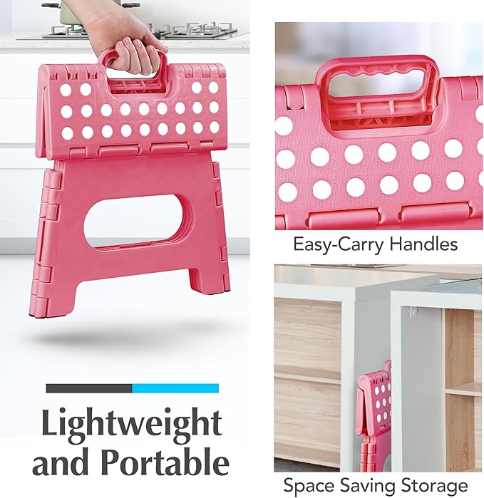 Handy Laundry Folding Lightweight Step Stool - Sturdy Enough to Support Adults and Safe Enough for Kids - Opens Easy with One Flip - Great for Kitchen, Bathroom or Bedroom (Pink | 2-Pack)