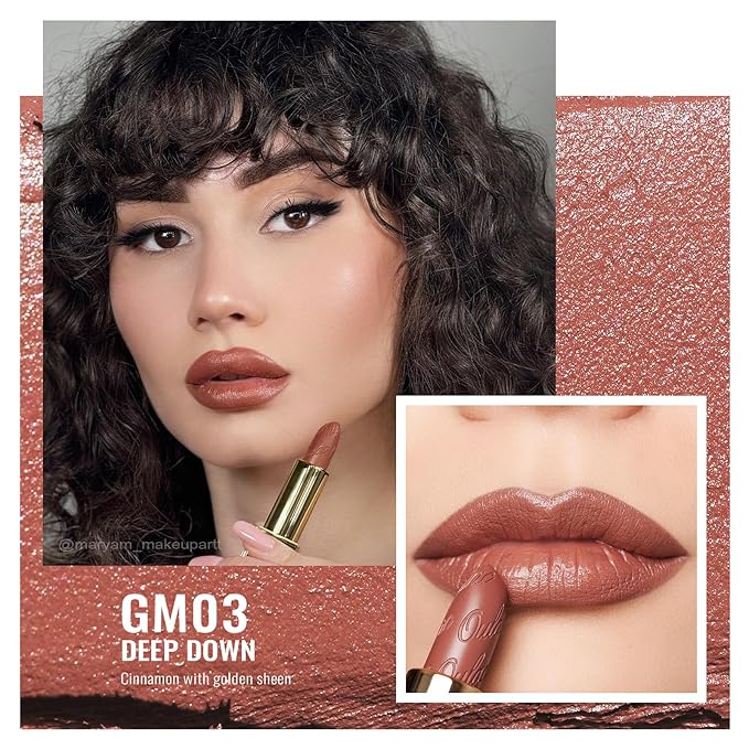 Oulac Matte Cinnamon Lipstick with Glow Metallic Finish - Vegan Lipstick for Women, Creamy Texture, Hydrating Clean Beauty Formula, High-End Magnetic Hook Design, GM03 Deep down