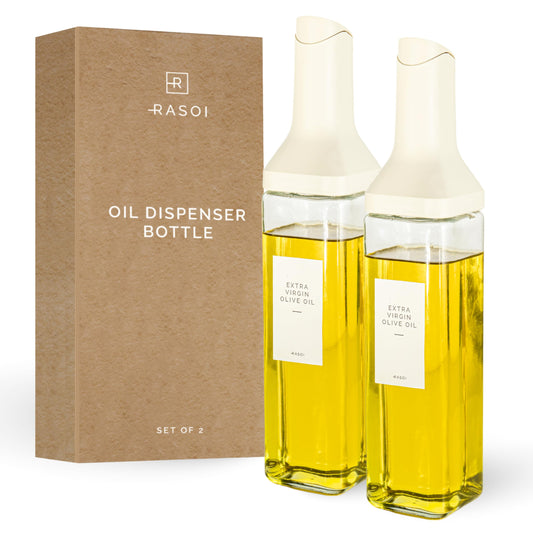 RASOI Oil Dispenser Bottle – Set of 2 17oz/500ml Oil and Vinegar Dispenser - Drip-Free Spout Glass Oil Dispenser – Kitchen Oil Dispenser with Automatic Pouring Lid - Olive Oil Bottle for Cooking