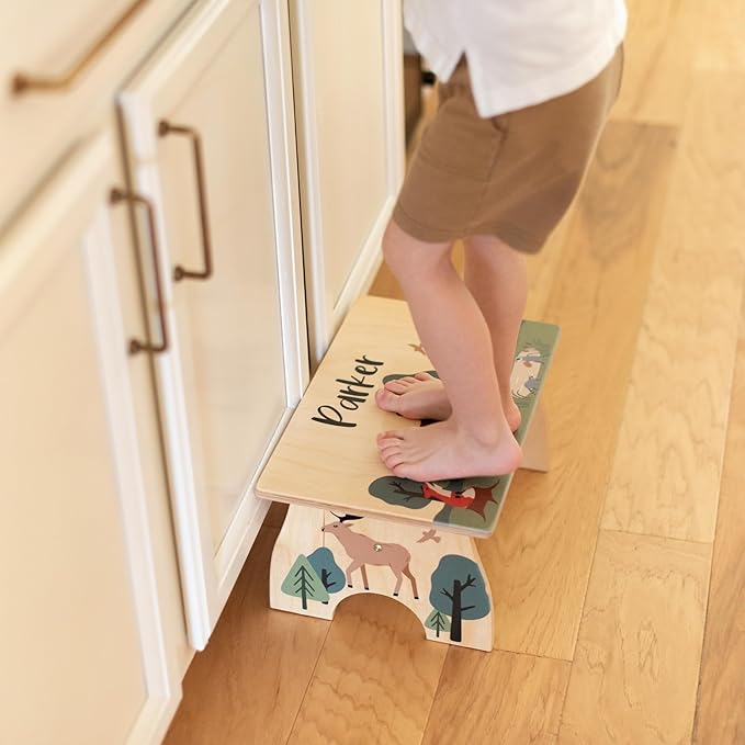Mountain Step Stool for Toddlers- Personalized Wood Kids Step Stool with Name for Kitchen Sink, Bathroom, Potty Training, Toilet, Kitchen Sink- Sturdy and Safe- Made in USA by BloomOwl (Mountains)