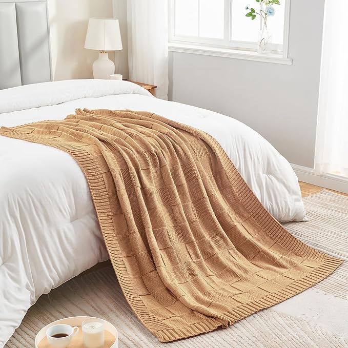 CozeCube Check Knit Throw Blanket, Beige Checkered Throw for Couch, Decorative Christmas Soft Cozy Warm Knitted Blanket for Bed Sofa Living Room, 50"X60"