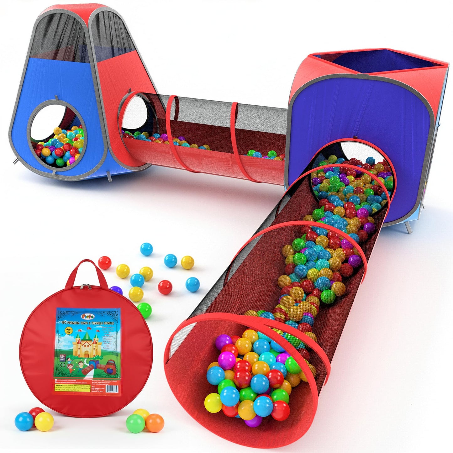 Playz 4pc Pop Up Play Tent and Tunnel Bundle for Toddlers and Kids - Indoor & Outdoor Playhouse with Storage Bag, Red & Blue