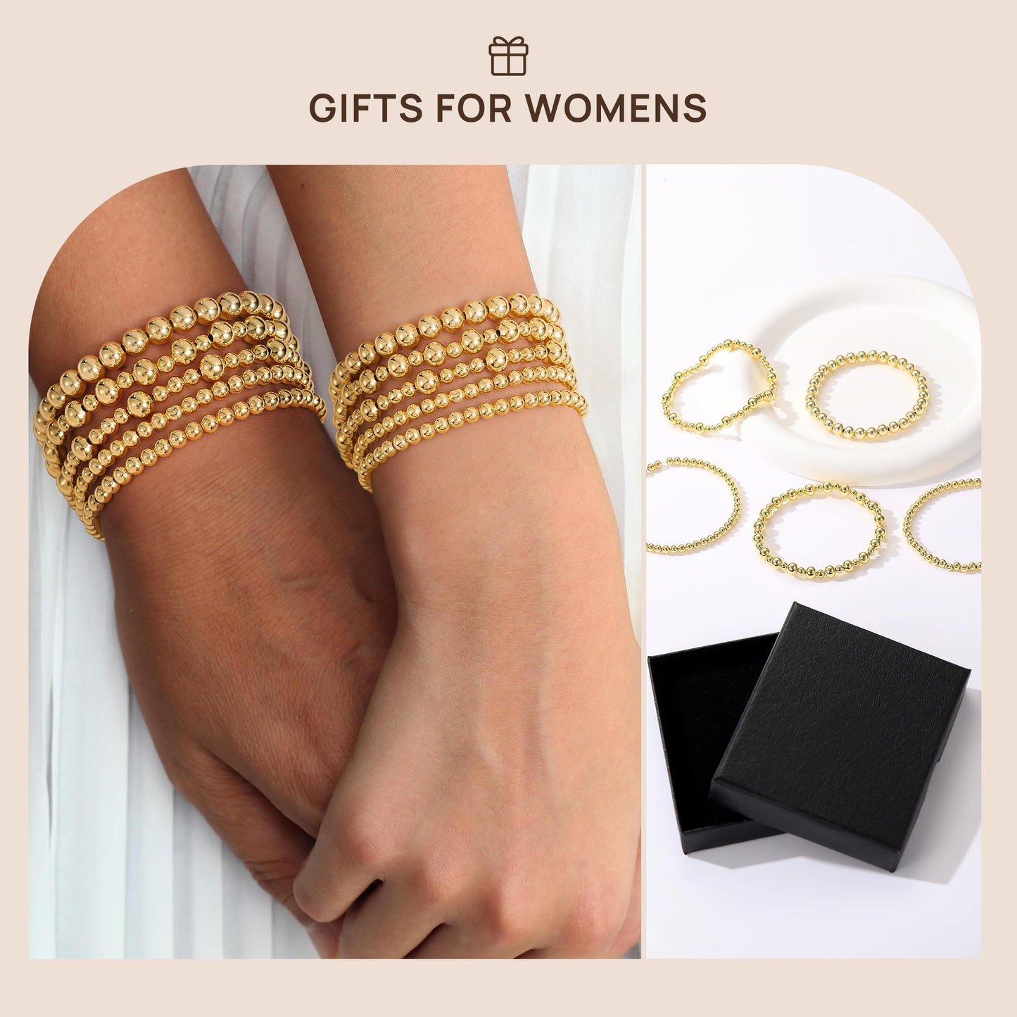 Yoosteel Gold Beaded Bracelets Set for Women - Easter Gifts 14k Gold Plated Dainty Round Beaded Cross Bracelet for Women Simplicity Stackable Jewelry Gifts（5 Pcs）