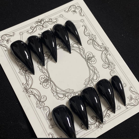 Eagle Claw Press on Nails Handmade Medium Stiletto Unique Thick Acrylic Nails Black Talon False Nails Cat Claw Glossy Glue on Nail Solid Colour Curved Sturdy Nail Art 10Pcs(S)