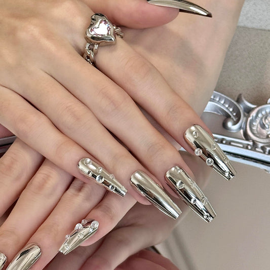 Mirror Silver Press on Nails, Metallic Chrome Fake Nails Coffin Medium Length, Holographic Acrylic Stick on Nails for Women - 24Pcs Reusable False Nails with Glue Party & Wedding