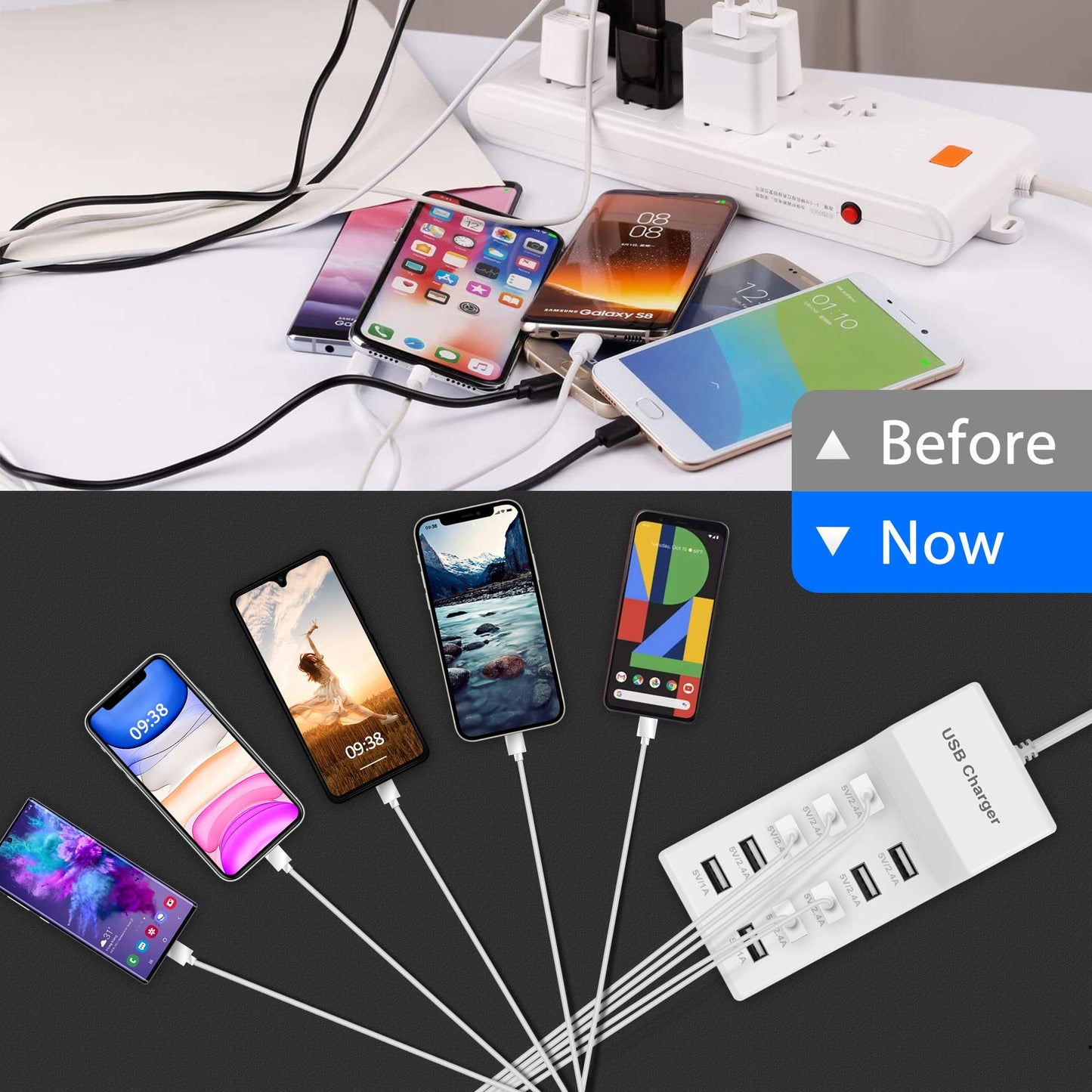 USB Charger Station Block with Rapid Charging Auto Detect Technology Safety Guaranteed 10-Port Family-Sized Smart USB Ports for Multiple Devices Smart Phone Tablet Headphones