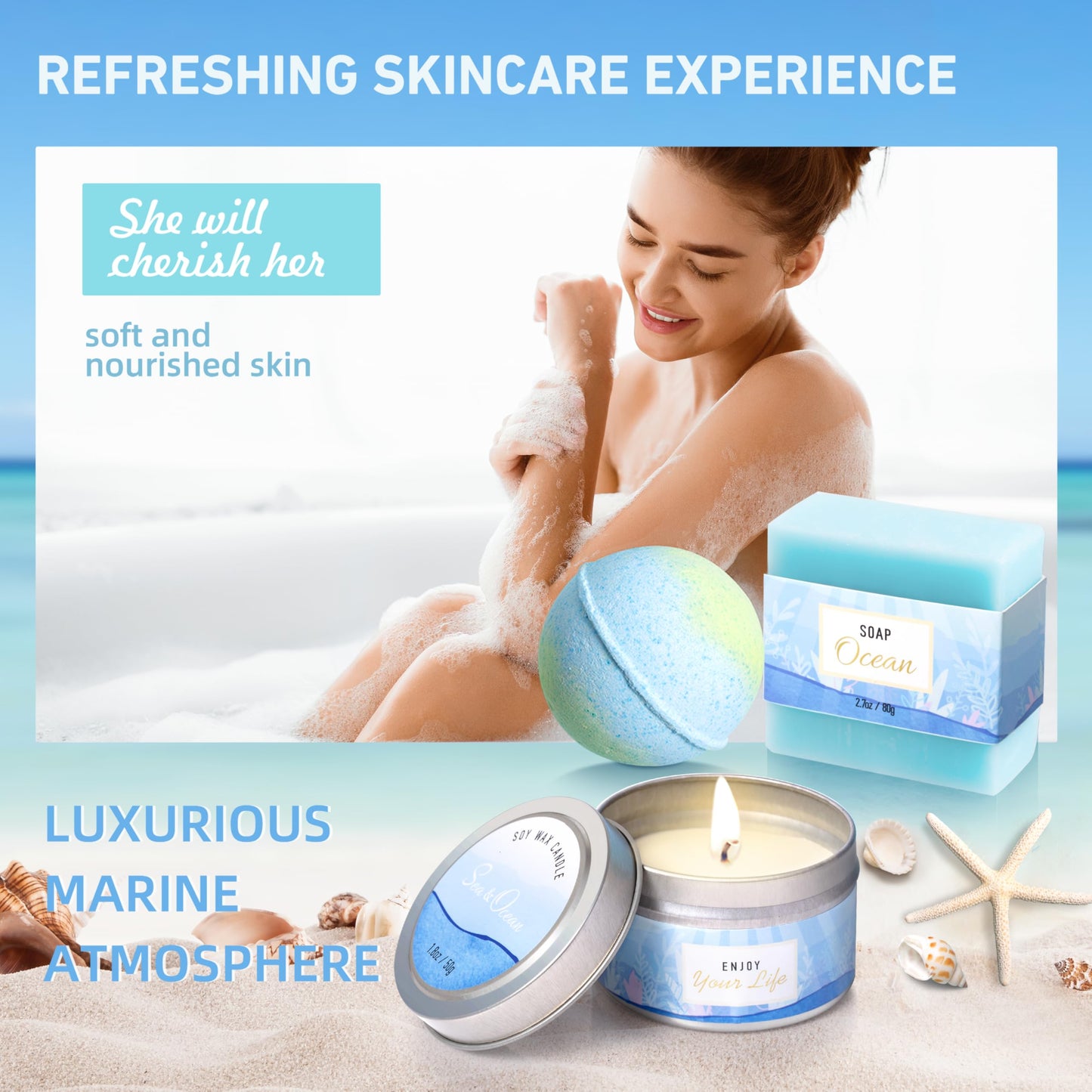 Gifts for Women, Ocean Scented Spa Gift for Women Birthday 7 Luxury Self Care Package, Gift Basket Care Package for Her Wife Mom Friends Female Bff