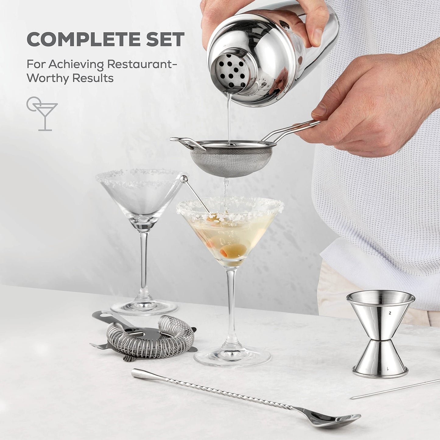 FineDine 10-Piece Cocktail Shaker Set with Travel Bag - Stainless Steel Shaker Set Bartender Kit - Mixology Bartender Kit - Strainer, Muddler, Jigger, Bar Spoon, Bottle Opener, Pour Spouts - Bar Set