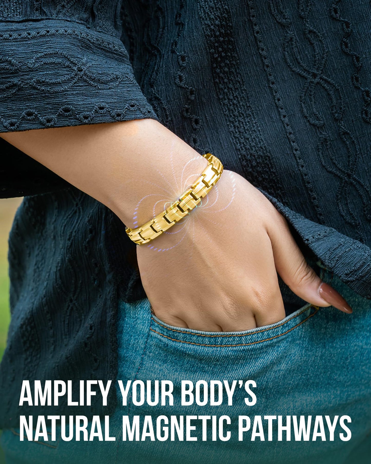 MagnetRX® Magnetic Bracelets for Women - EllipseMAX 5X Strength 5,000 Gauss Magnets - Designed in USA & PATENT PENDING - Premium Titanium Womens Magnetic Bracelet & Adjustable Length (Gold)