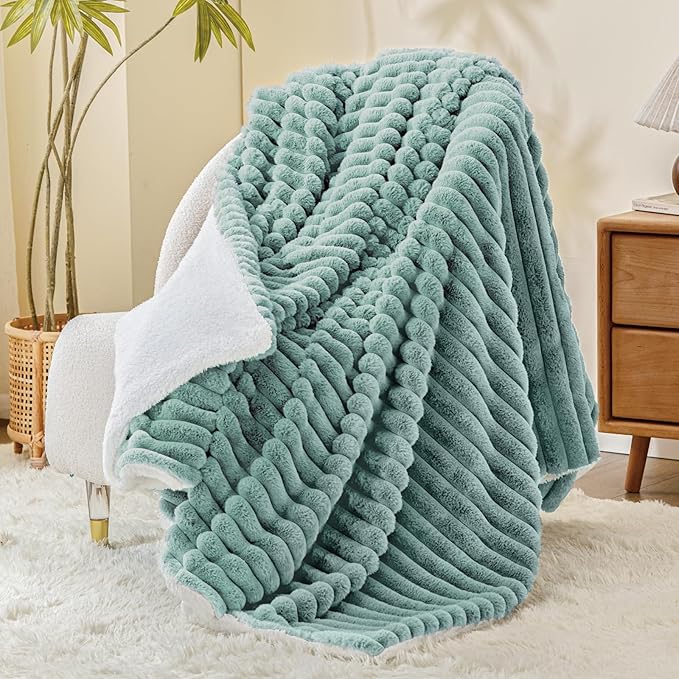 INFIIXSO Sherpa Throw Blanket for Couch - Super Soft & Warm Striped Fleece Blanket, Cozy Plush Fluffy Blanket All Season Use (Haze Blue, 50x60 Inches)