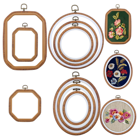 9 Pcs Embroidery Hoops Set Decorative Imitated Wood Display Cross Stitch Frame Circle Oval Octagonal Embroidery Frame Cross Stitch Hoop for DIY Craft Art Sewing Hanging Ornaments