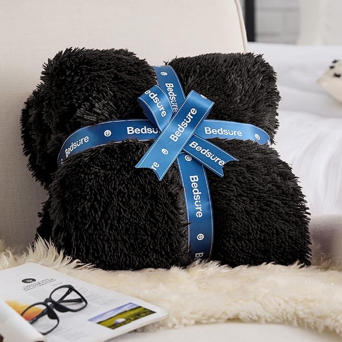 Bedsure GentleSoft Fuzzy Sherpa Faux Fur Twin Blanket Black Cozy Gifts for Women Men, Soft Fleece Plush Warm Minky Thick Blanket Twin Size for Bed, Couch, Dorm Essentials Black Decor Gifts, 60x80