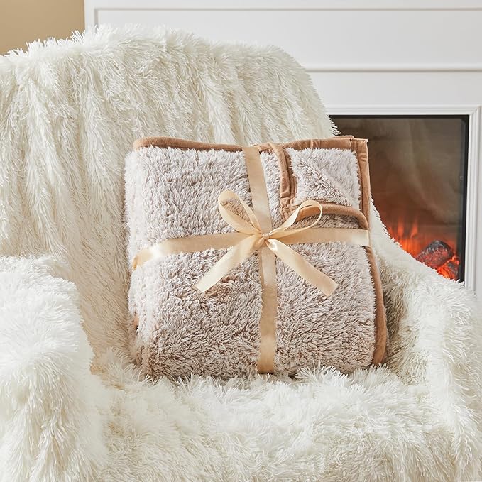 EMME Fuzzy Blanket Soft Fleece Throw Blankets for Women, Fluffy Sherpa Throws(Plush Khaki,50"x60")