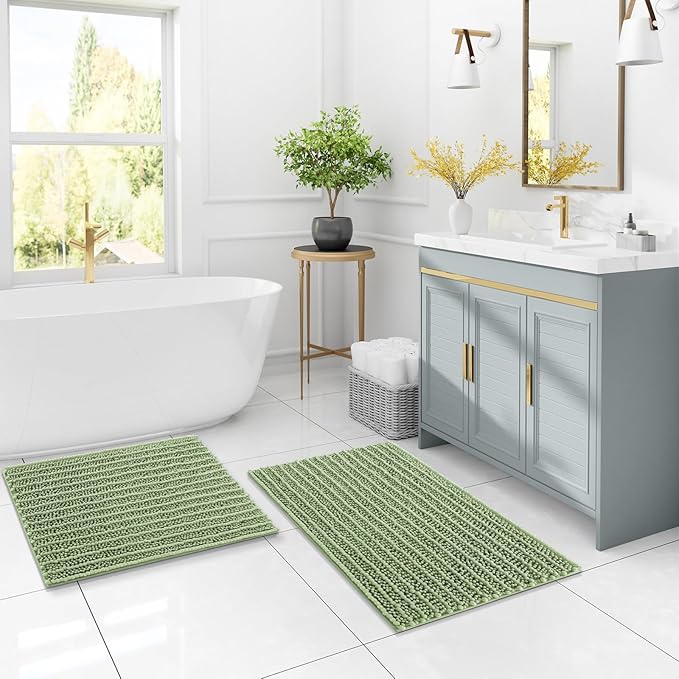 Arotive Luxury Chenille Bathroom Rug Mat, Extra Soft Thick Absorbent Shaggy Bath Rugs, Non-Slip Machine Wash Dry, Plush Bath Mats for Bathroom, Shower and Tub, 59x35, Sage Green