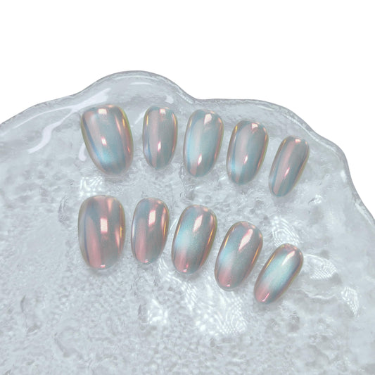 Cat Eye Press on Nails Handmade Short Oval/Square/Round False Nails with French Tip/Aurora/Magnetic Shimmer Designs (Aurora#Sunset River, Small)