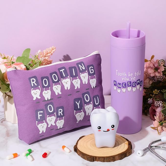Skylety 3 Pcs Dental Hygiene Month Gifts Dental Assistant Hygienist Appreciation Gift 16oz Tumbler with Lid Cute Teeth Makeup Bag Stress Toy Employee Thank You Dentist Coworker Nurse Student(Purple)