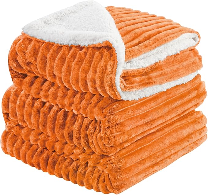 INFIIXSO Sherpa Fleece King Size Blanket - Super Soft & Warm Striped Fleece, Cozy Plush Fluffy Large Bed Blanket All Season Use (Burnt Orange, 104x90 Inches)