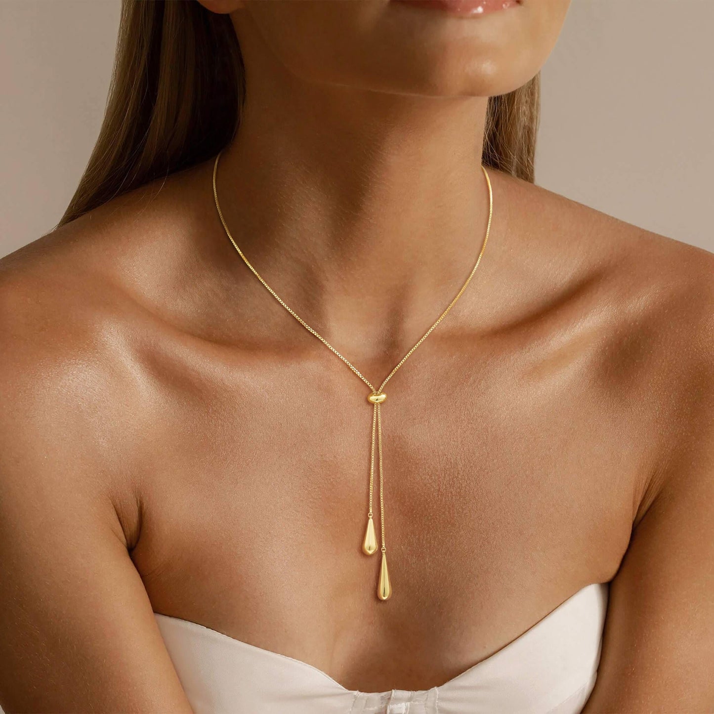 CHESKY Lariat Gold Necklace for Women, Dainty Long Necklace 14k Gold Plated Y-Shaped Pendant Necklace Trendy Large Water Droplet Chain Drop Necklaces Simple Gold Jewelry for Women Gifts