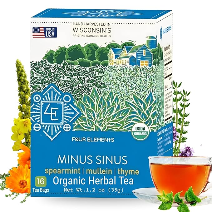 Four Elements Minus Sinus Tea [16 Teabags, 1.2 oz] | Organic Spearmint Tea with Mullein & Thyme | Caffeine Free Herbal Blend with Refreshing Aroma & Comforting Flavor | Enjoy Hot or Iced Latte