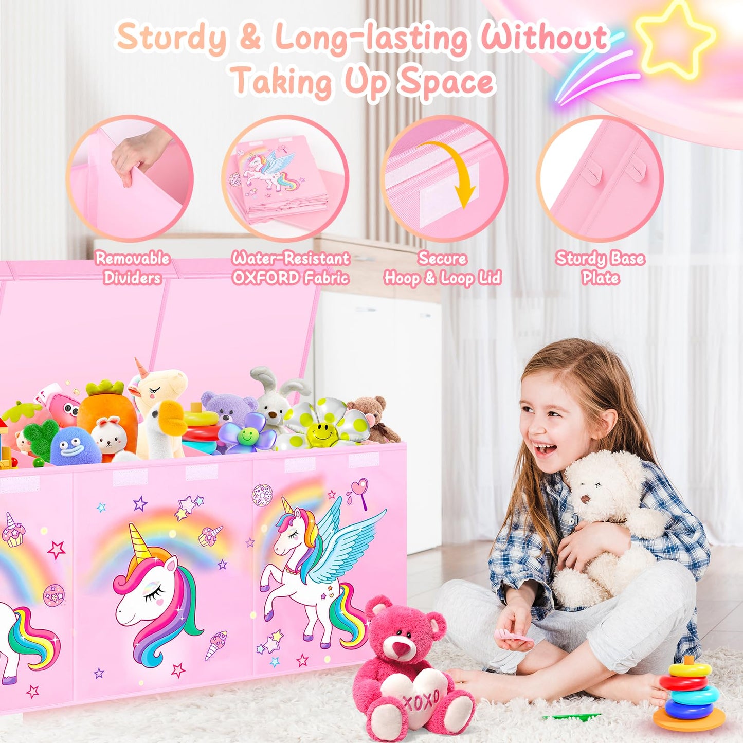 Mabahoo Extra Large Toy Chest, Collapsible Sturdy Toy Storage Organizer with Lids, 40"X14"X16" Large Kids Toybox Storage Bins Baskets for Girls, Boys, Nursery, Playroom, Pink