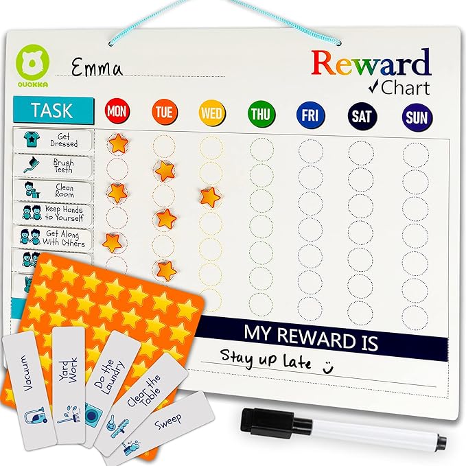 QUOKKA Magnetic Behavior Chore Chart for Kids at Home - Gift Reward Visual Schedule Chart - Dry and Erase Routine and Responsibility - Use 48 Magnets & 49 Stars - from Toddlers to Teens