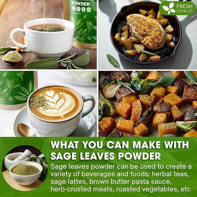 FreshDrinkUS, Sage Leaf Powder 4oz – Premium Culinary Herb, Pure Ground Sage Leaves for Cooking, Baking & Herbal Infusions – Resealable Pouch