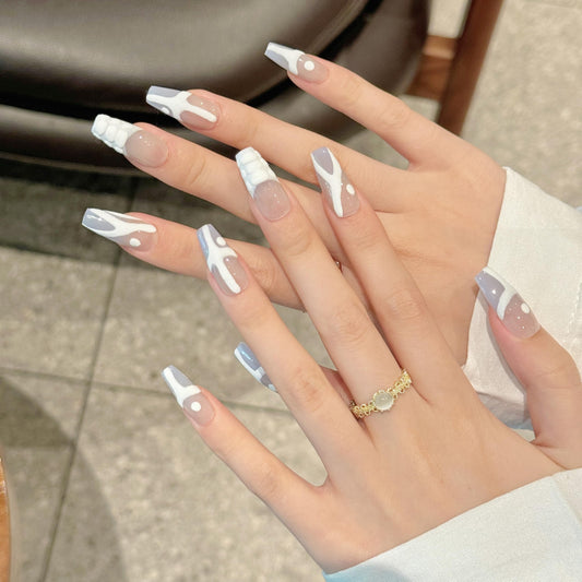 NLSJMP handmade nails press on Salon Quality false nails Reusable long square hand-painted gentle white cute acrylic 3D fake nails designed kit,10 Nails Size M #2251