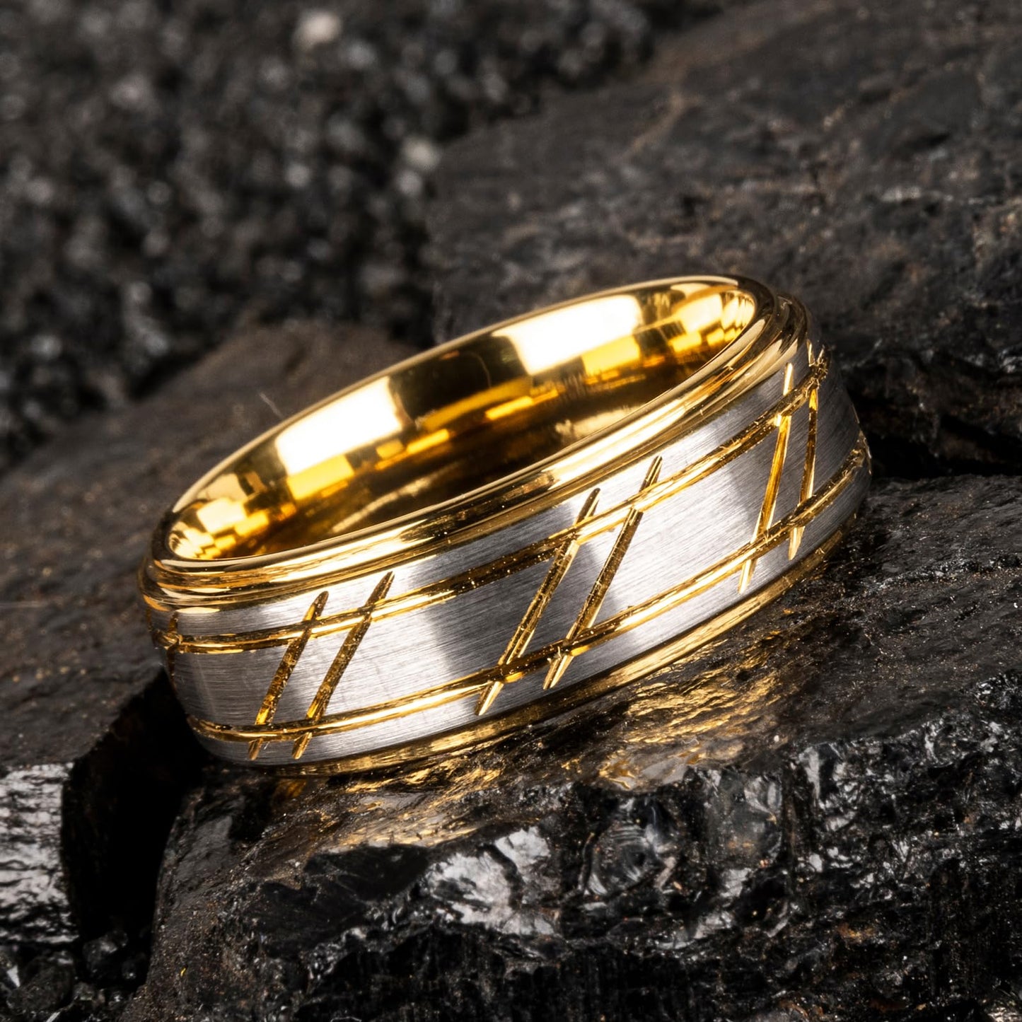 JEWPER 8mm Men Womens Wedding Band Tungsten Rings Gold Fashion Promise Carbide Silver brushed groove design on the outer ring Matte Finish Edge Comfort Fit size(13)