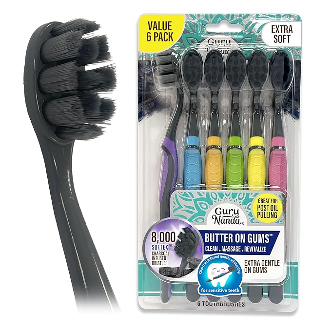 GuruNanda Butter on Gums Charcoal Toothbrush - 8000+ SoftexTM Bristles for Sensitive Teeth & Gums, Aids in Teeth Whitening, Extra Soft (6 Count)