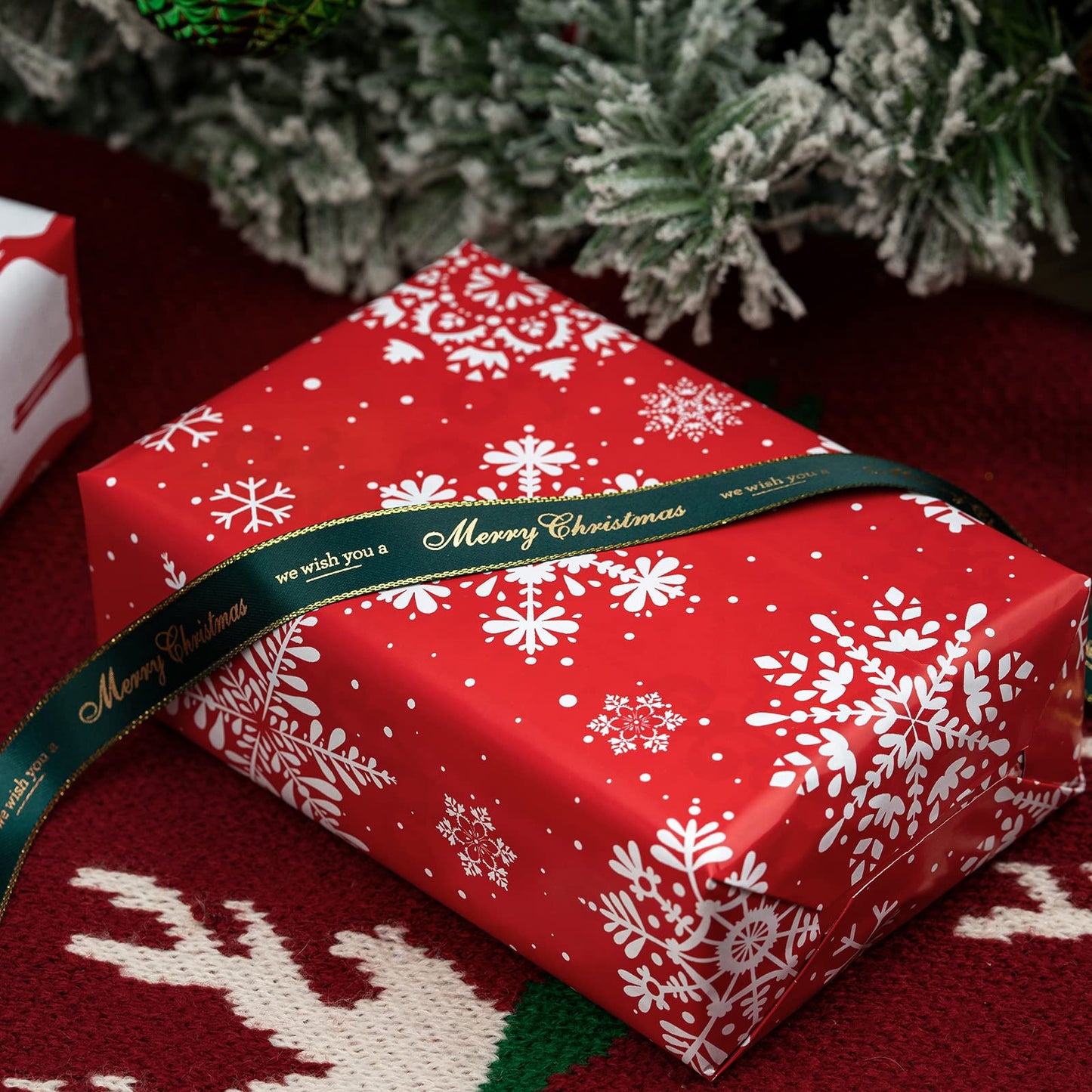 MAYPLUSS Christmas Reversible Wrapping Paper Jumbo Roll - 30 Inches x 100 Feet - Red Green Reindeer and Snowflakes