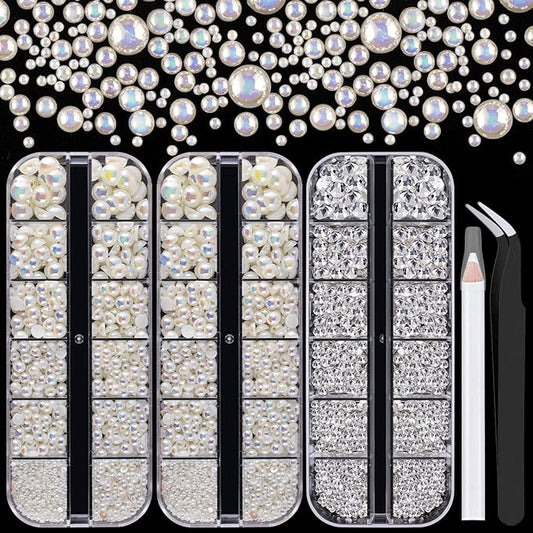 4000PCS Flatback Rhinestones and Half Round Pearls Kit #18, Multi Size Glass Clear Crystals, Plastic Flat Back Beige AB Dome Bead with Pickup Pencil and Tweezer for Nail Art