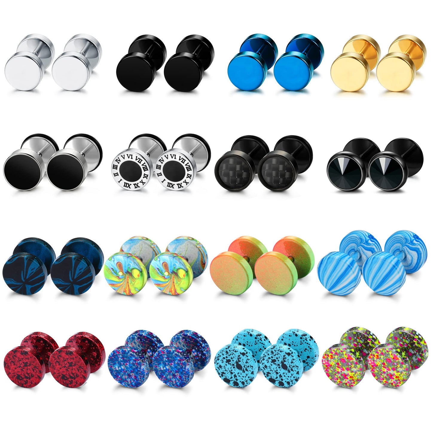 FIBO STEEL 16 Pairs Fake Gauge Earrings for Men Women Stainless Steel Stud Earrings Cheater Ear Plug Faux Gauges Earrings Ear Tunnel