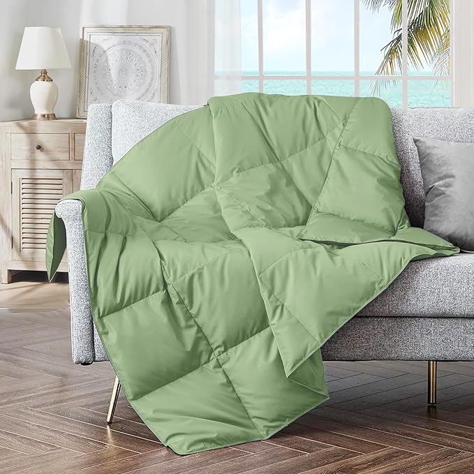 puredown® Lightweight Packable Couch Throw Soft Feather Down Throw Blanket for Indoor and Outdoor Use, 50"X70", Sage Green