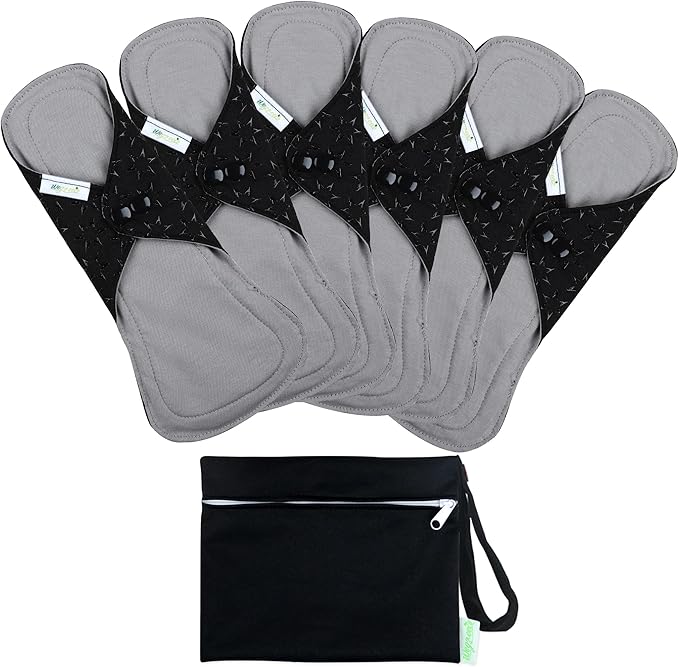 wegreeco 6 Pcs Reusable Menstrual Pads, Ultra Absorbent Cloth Pads for Heavy Flow, Sanitary for Teens, Women, Nonslip, Grey Inner, Black Outer, Medium
