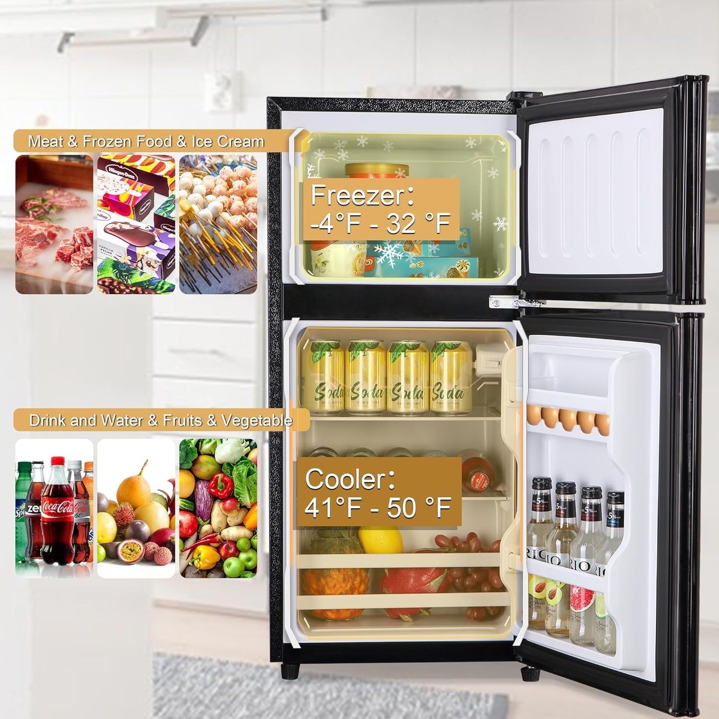 Mini Fridge with Freezer, 3.2 Cu. Ft. Small Fridges with Freezer, Refrigerators Adjustable Thermostat, Apartment Size Refrigerator with Freezers for Office, Apartment, Dorm, Kitchen, Black