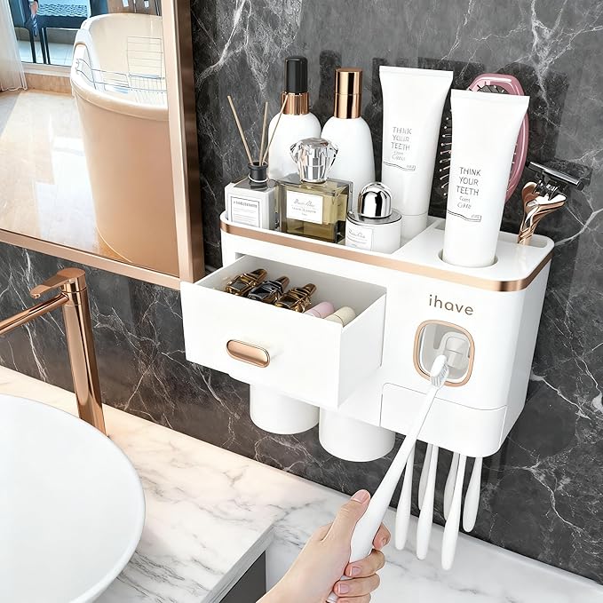 iHave Toothbrush Holders for Bathrooms - Upgrade Wall Mounted Toothbrush Holder with Toothpaste Dispenser - 2 Cups