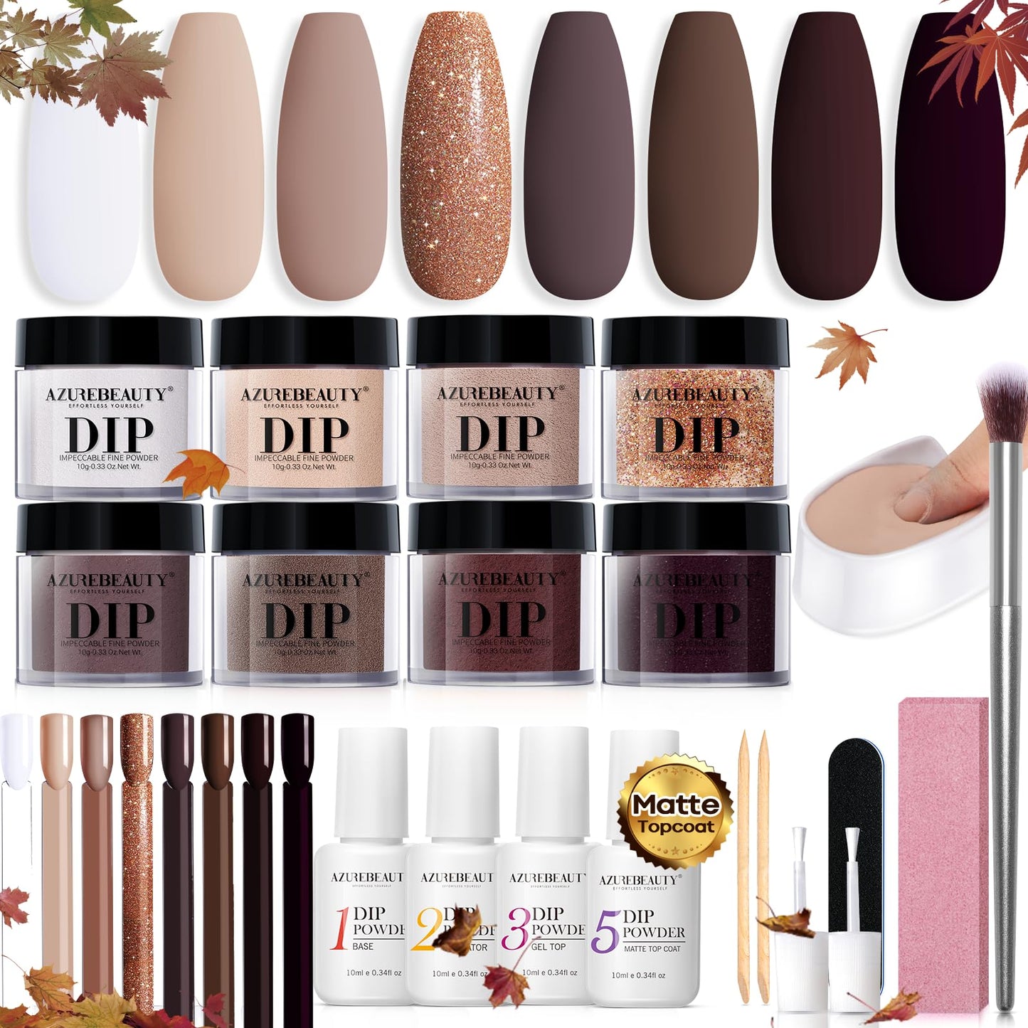 AZUREBEAUTY 30Pcs Dip Powder Nail Kit Starter, 8 Colors Fall Nude Brown Glitter Purple Nude with Nail Sticks, Nail Art Liquid Set with Matte/Base/Top Coat Activator for French Manicure Salon