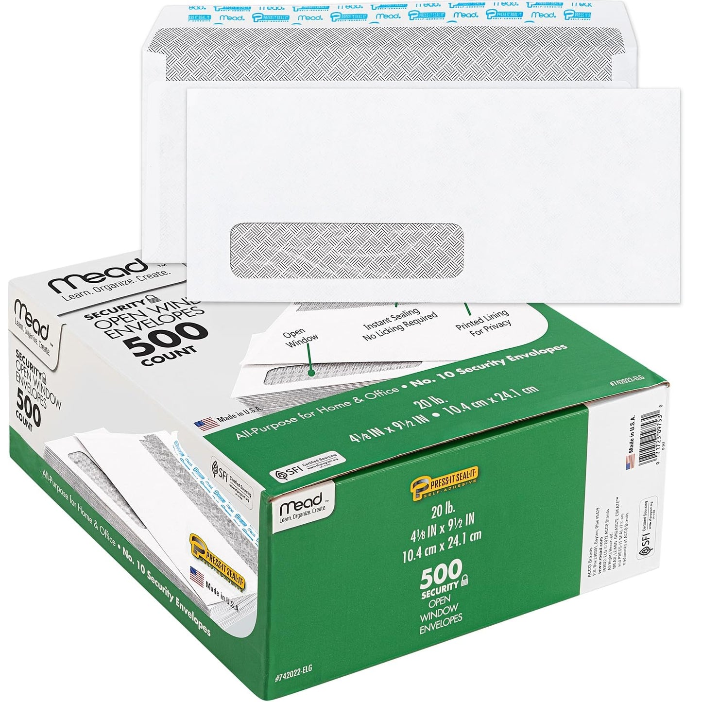 Mead #10 Envelopes, Letter Size, 4-1/8" x 9-1/2", Security Printed Lining for Privacy, Press-It Seal-It Self Adhesive Closure, Left Viewing Window Mailing Envelopes, 500 Count (742022)